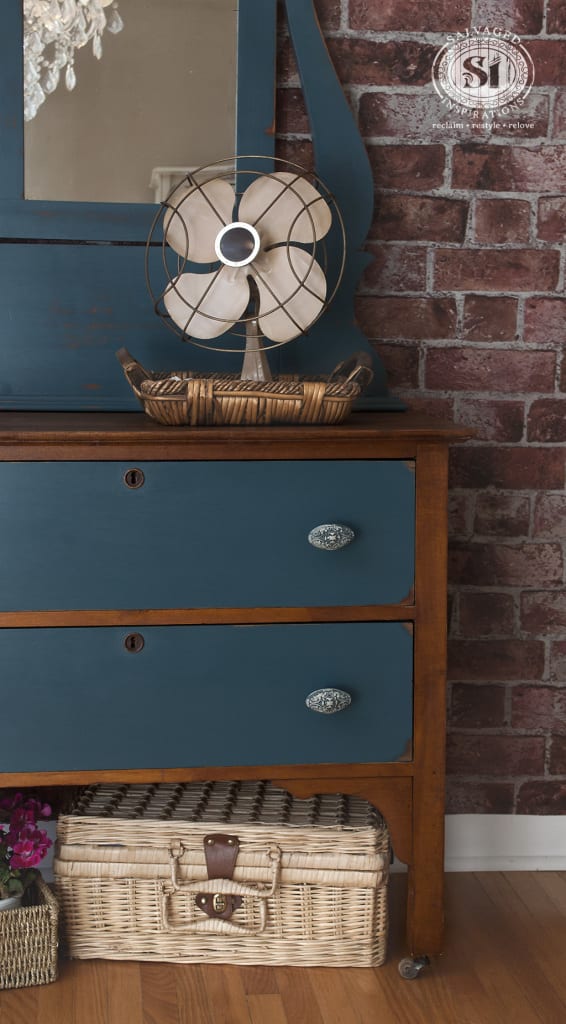 Blue Painted & Stained Antique Dressser w Mirror