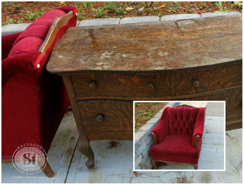 salvaged chair and lowboy dresser