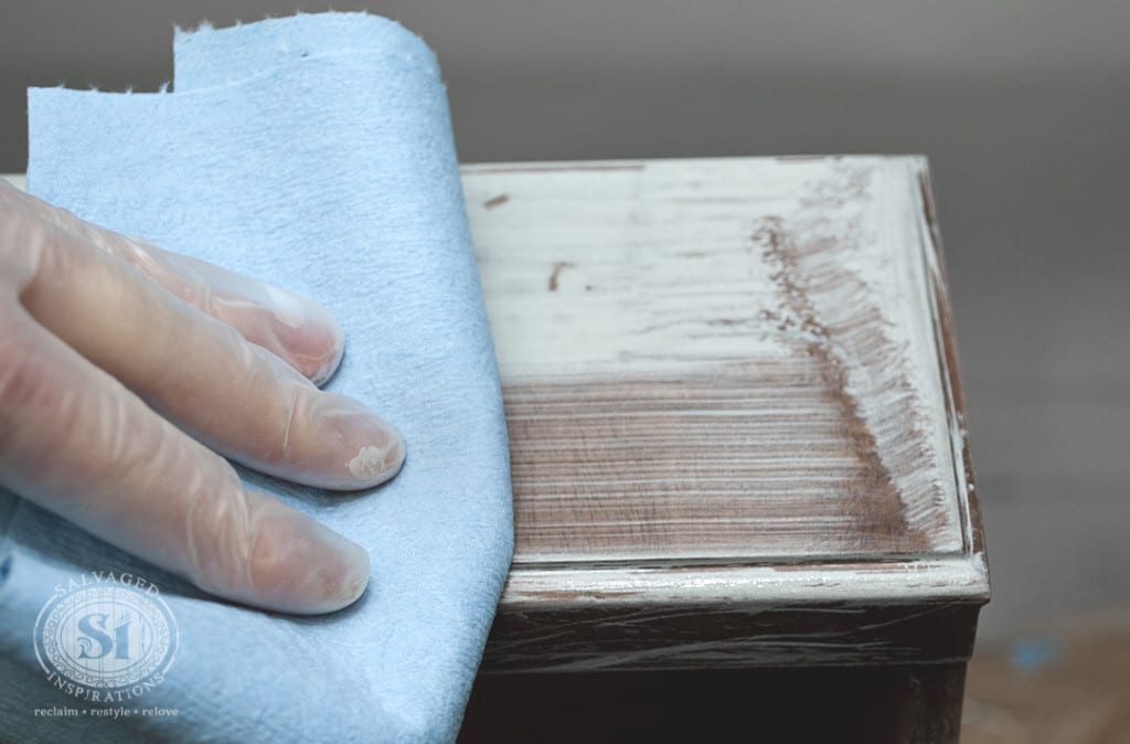 Wiping Off Grey Wash on Dresser Drawer