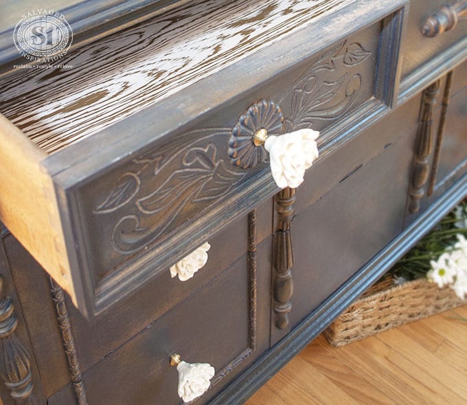 Inside Lined Drawer on Painted Dresser