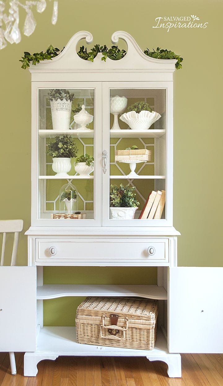 General Finishes Snow White China Cabinet w Repurposed Fretwork