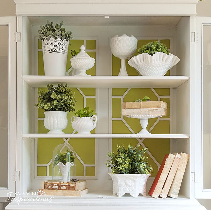 Inside of China Cabinet with Milk Glass