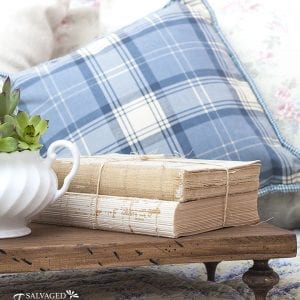 Close Up of DIY Antique Display Riser on Quilt