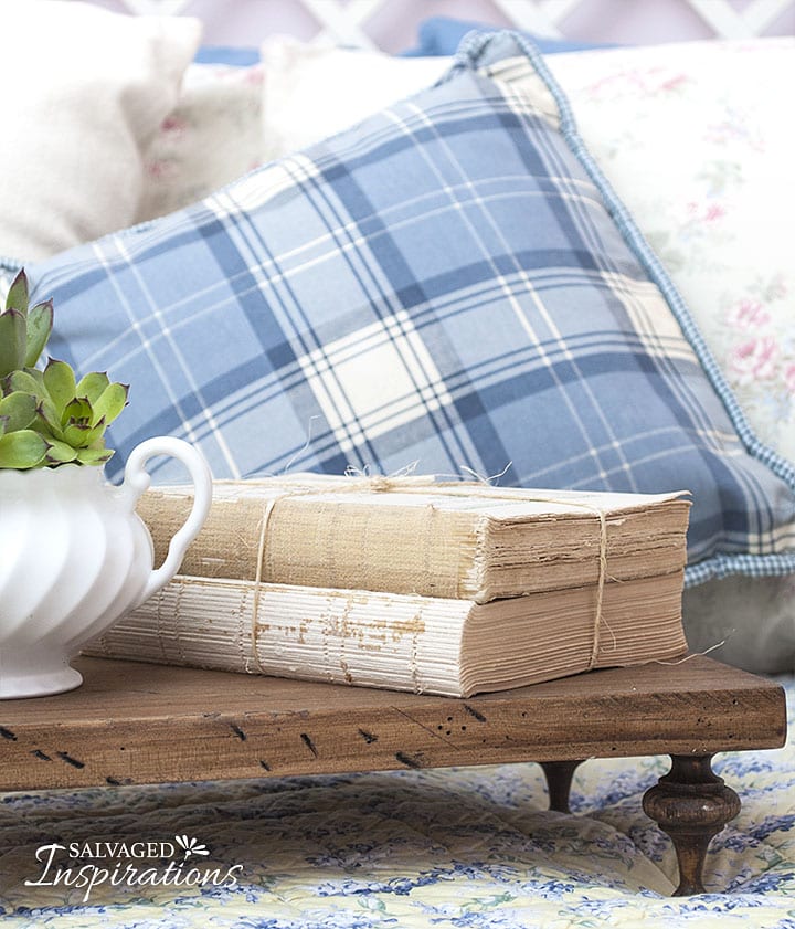 Close Up of DIY Antique Display Riser on Quilt