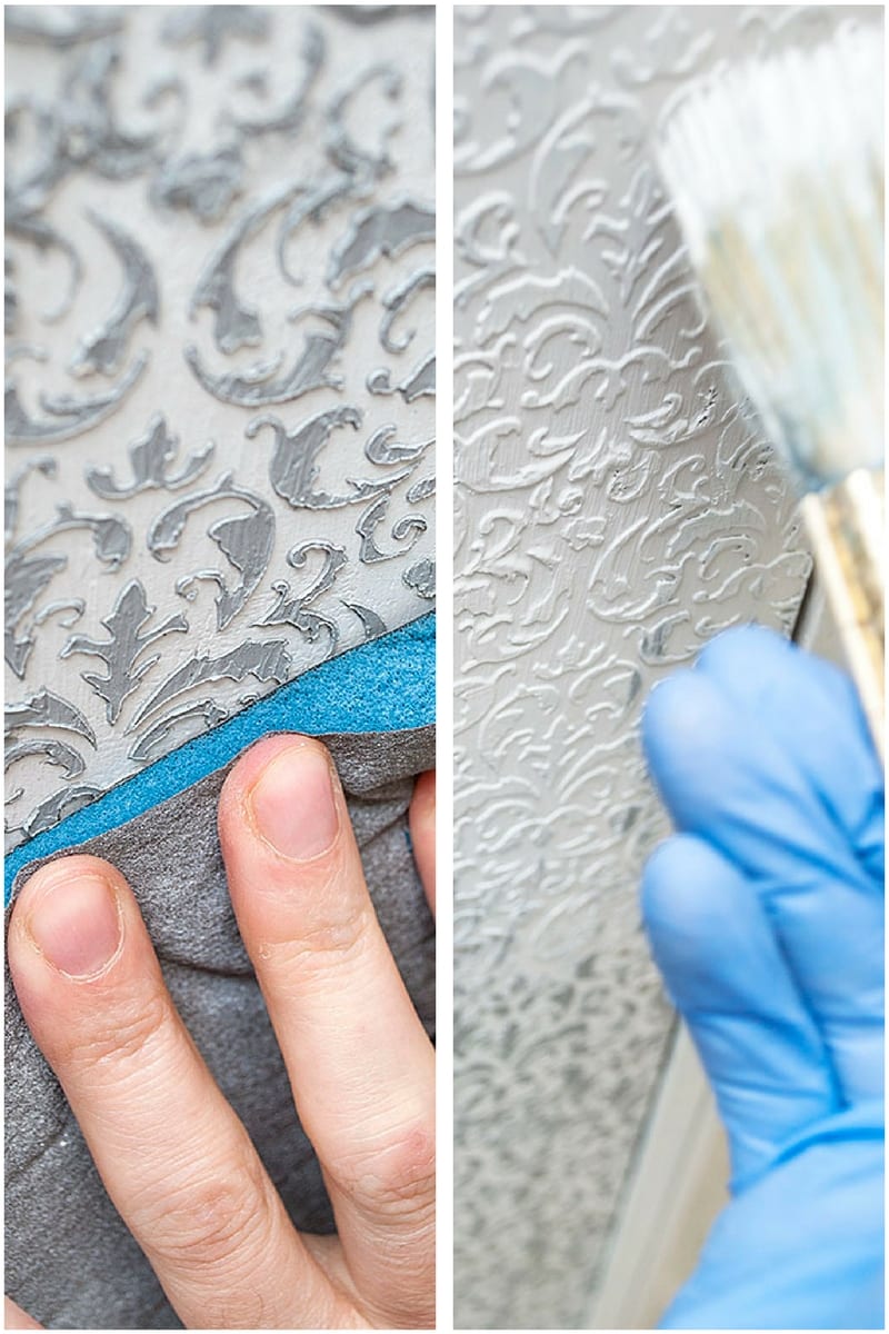 Sanding and Painting a Raised Stencil on Goodwill Cabinet