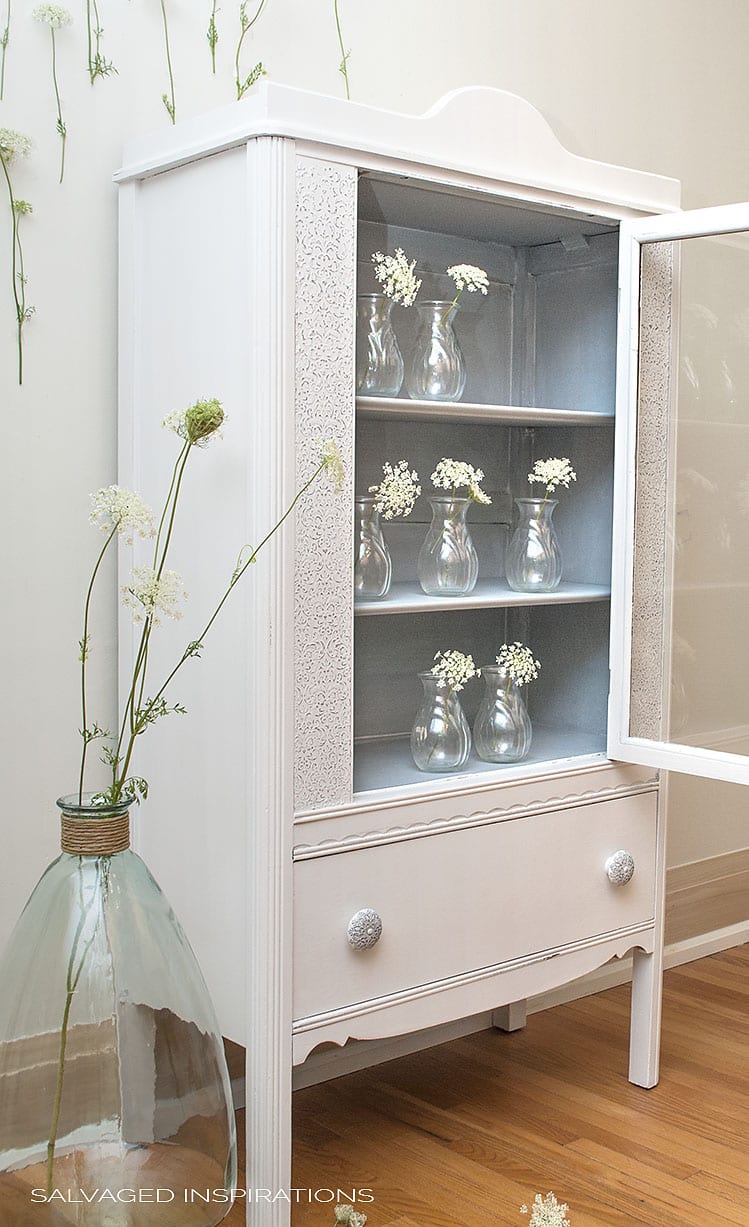 Side View of Salvaged Goodwill Cabinet Painted in Dixie Belle's Fluff w Raised Stencil