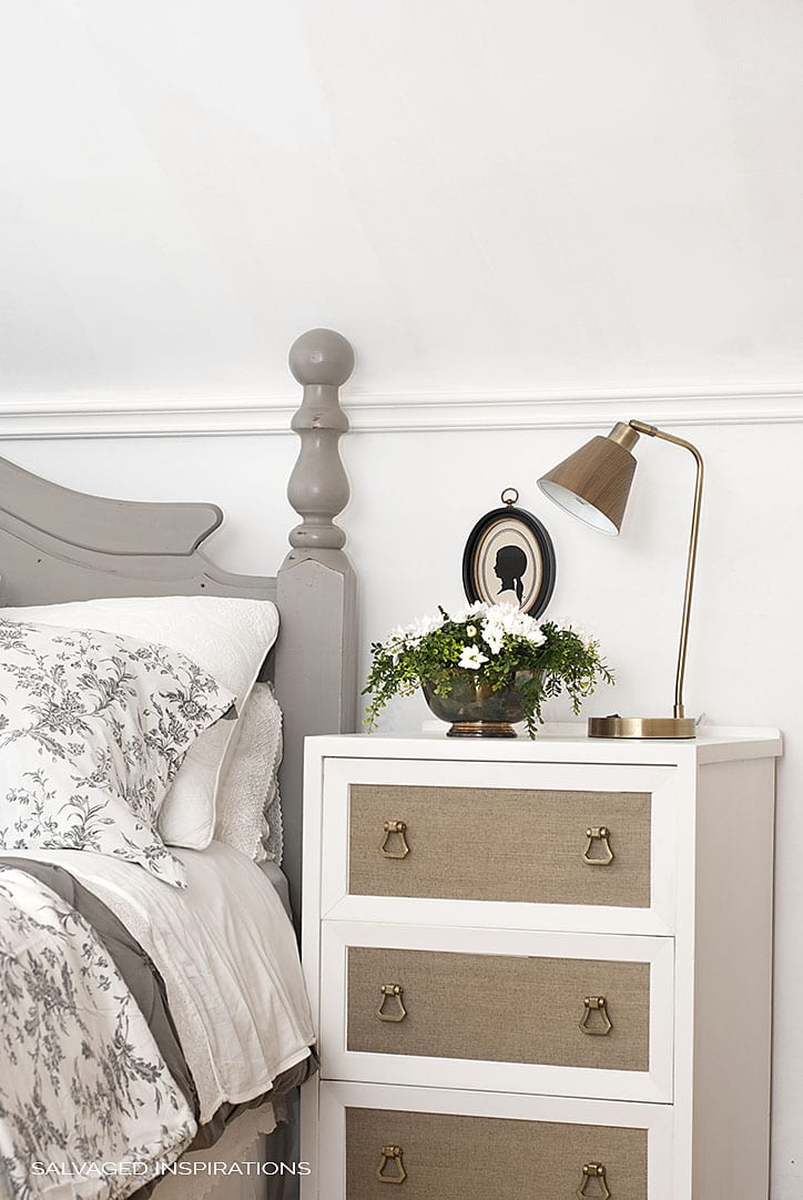 Painted Salvaged Night Table w Grasscloth Wallpaper Drawers