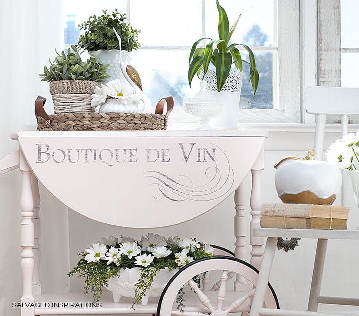 La Boutique Graphic Transfer on Pink Painted Tea Cart