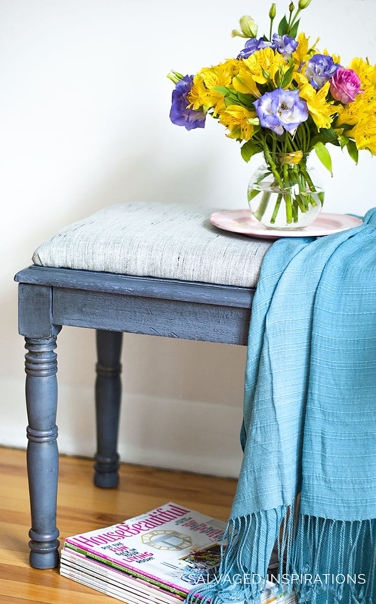 Side View of Painted And Upholstered Vanity Bench