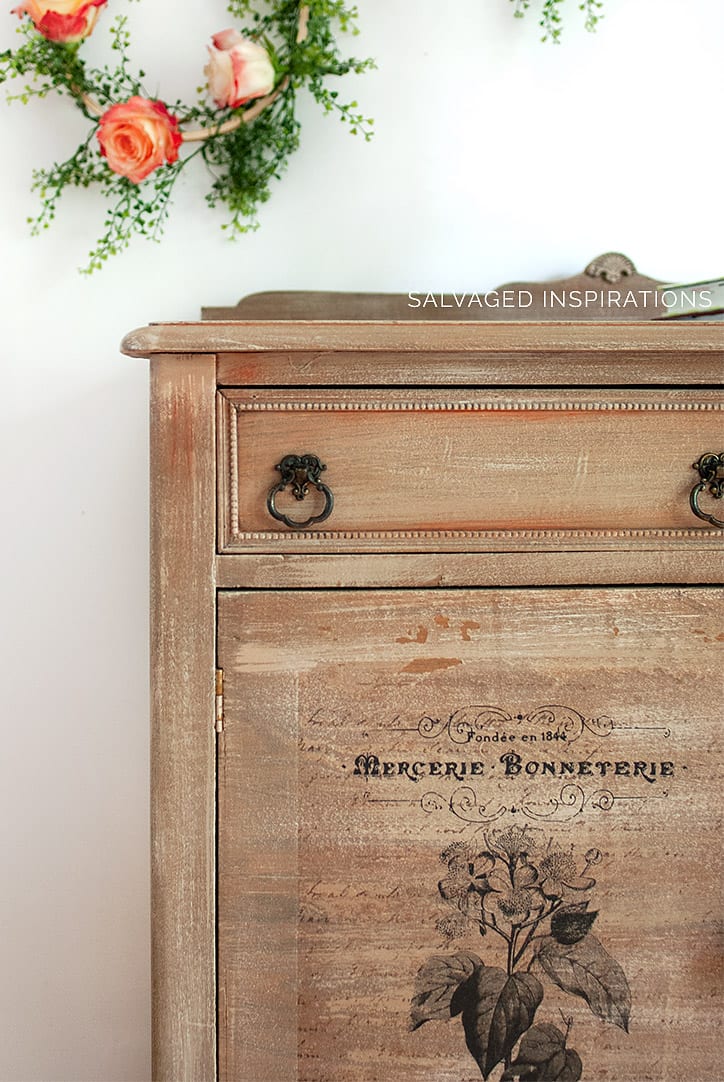 Close Up of Prima 'Time' Transfer on Salvaged Dresser