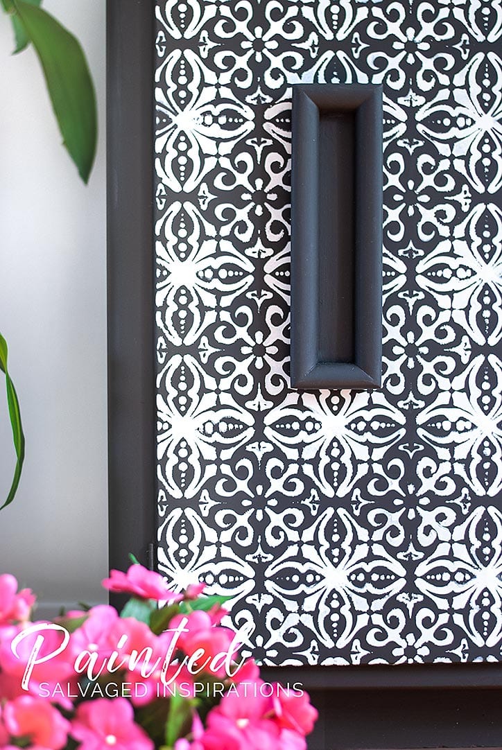 Close Up of ReDesign French Trellis Stencil on Furniture Buffet