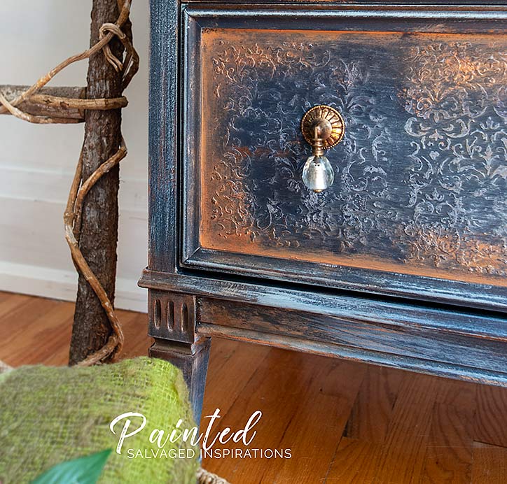 Close Up Raised Stencil and Bronze Gilded Drawers