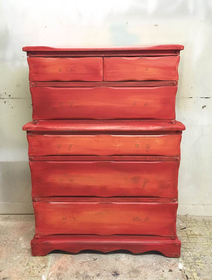 Red and Orange Dresser Makeover In Progress
