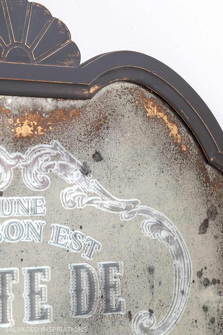 Close Up of Prima Transfer on DIY Antiqued Salvaged Mirror
