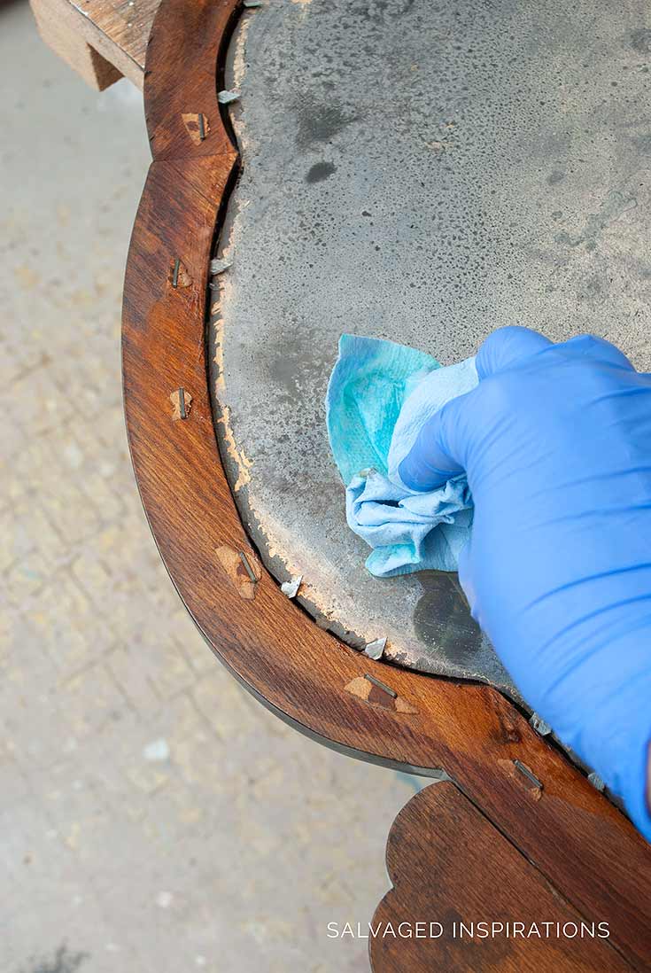 Dapping At Bleach On Back Of Antique Mirror Project