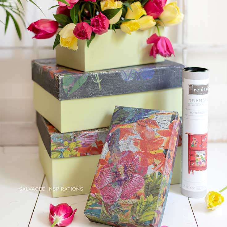 Fabric Boxes Painted w Floral Transfers IG