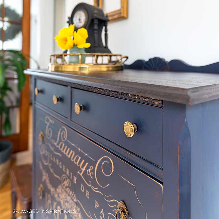 Side View of Painted Dresser w Gold Furniture Transfer