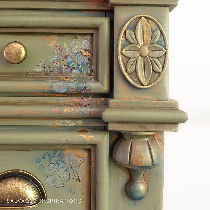 Close Up of Painted Dresser with Stencil Transfer and Decor Wax IG