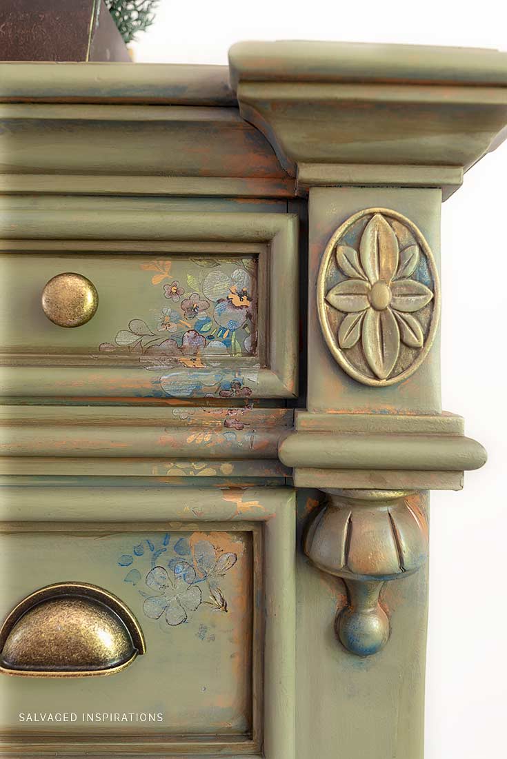 Close Up of Painted Dresser with Stencil Transfer and Decor Wax