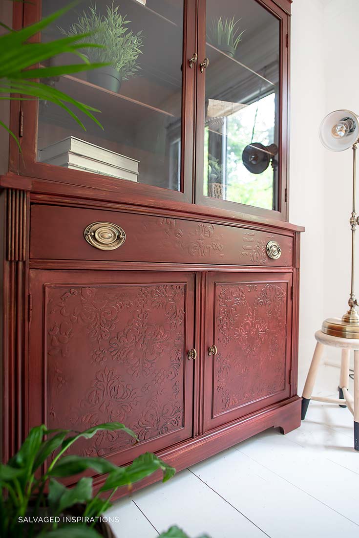 Side View of Raised Stencil on China Cabinet