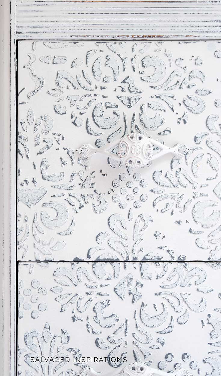 Close Up of Raised and Texture Stencil on Painted Nightstand