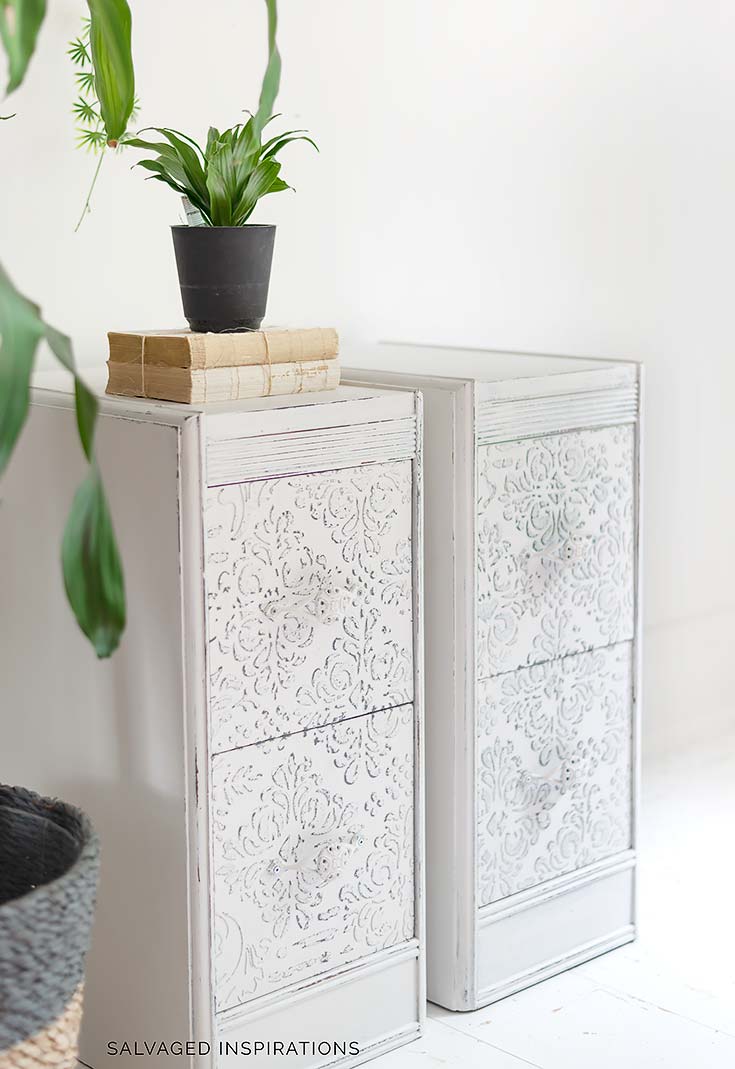 Side View Of Raised Stencil on Painted Nightstands