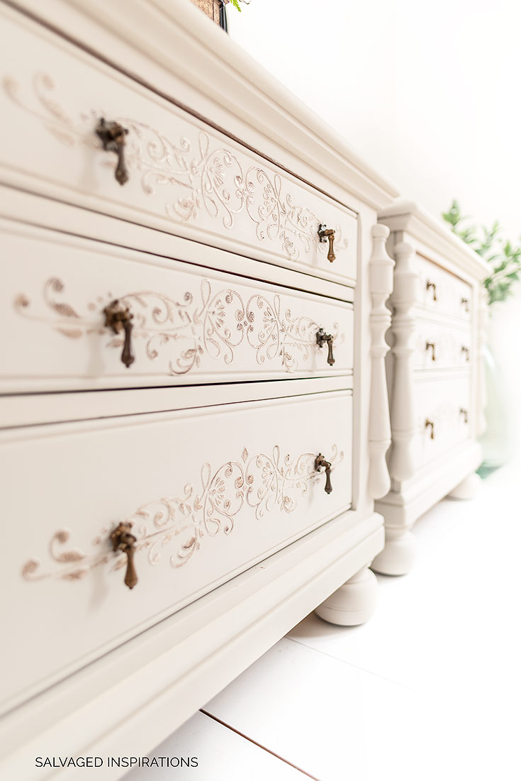 Side View of Painted Nightstands with Raised Stencil