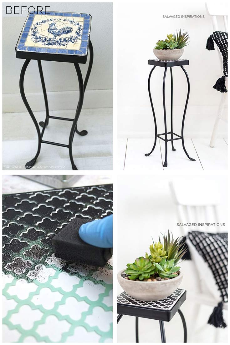 Stencilled Plant Stand w Succulent before and after