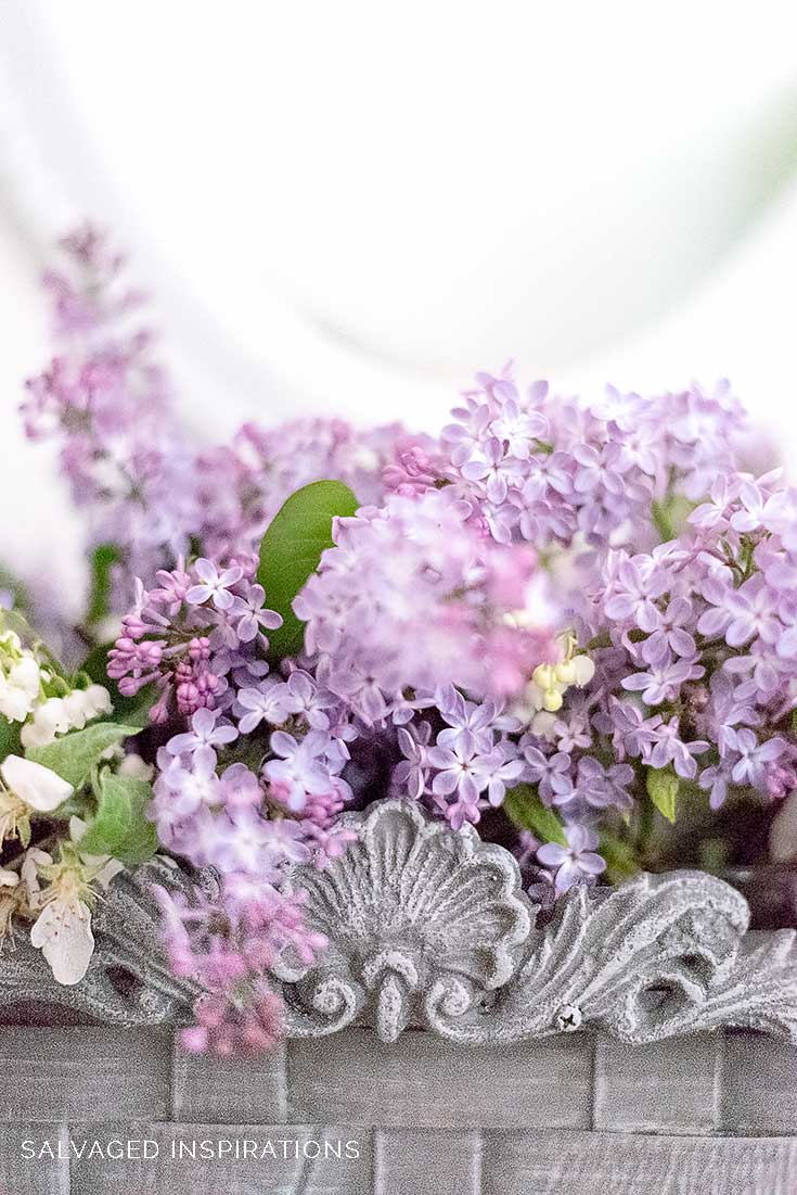 Close Up of Liliacs in Painted Basket Gray