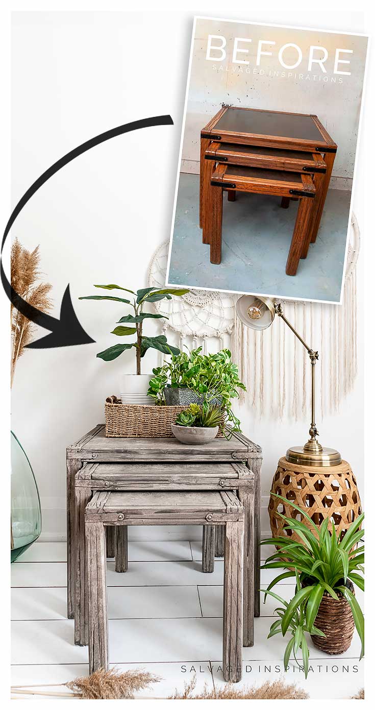 Before and After Driftwood Painted Nesting Tables