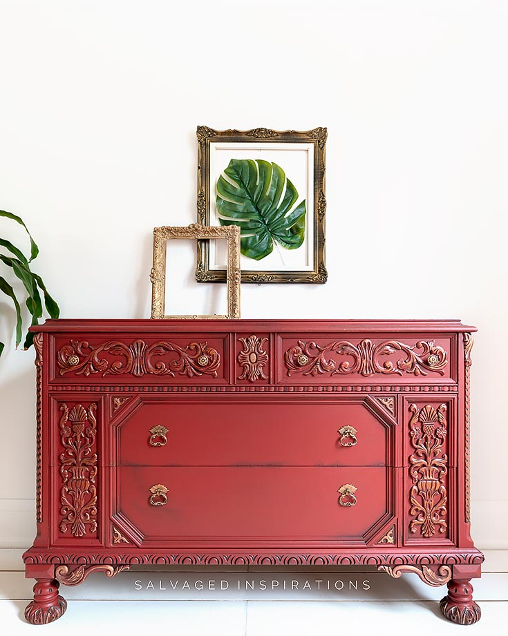 Red Ornate Dresser Wet Distressing