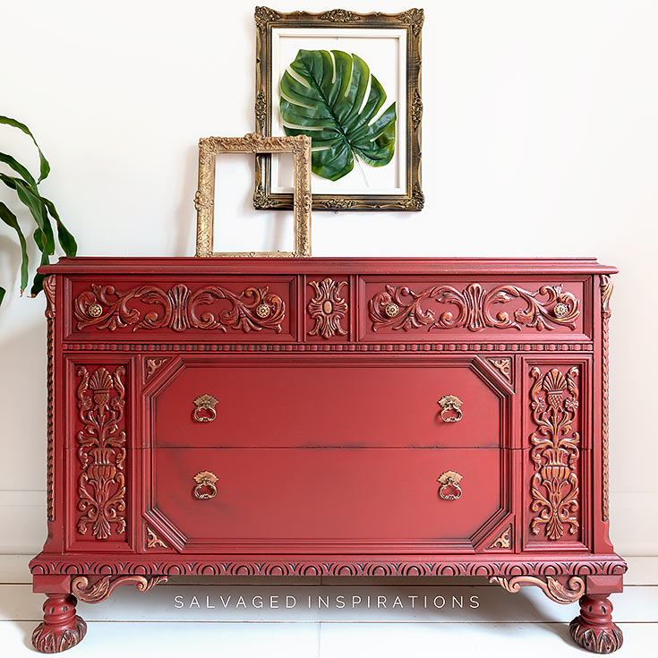 Red Ornate Dresser w Wet Distressing